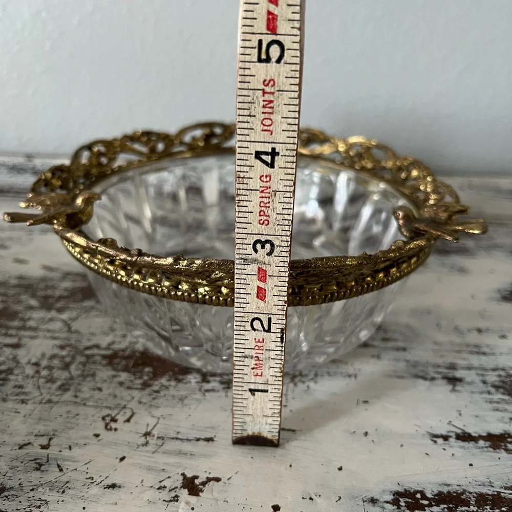 MCM Hollywood Regency Gold Gilt  Birds Vintage Bowl  Trinket Dish Cut Glass Rare - Picture 7 of 8